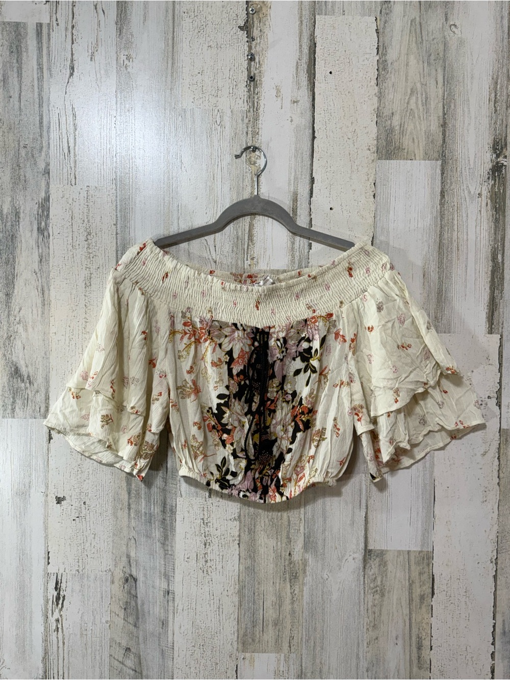 Band of Gypsies Cream Floral Off-Shoulder Ruffle Crop Top